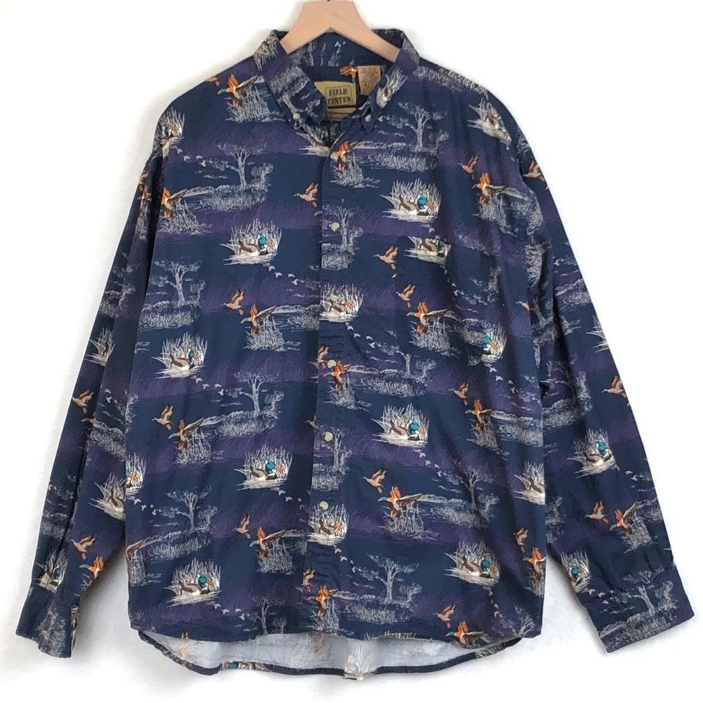 FIELD TESTED OutdoorLife Flannel Shirt Men's 2XL‎ Blue Midnight Ducks Button Up
